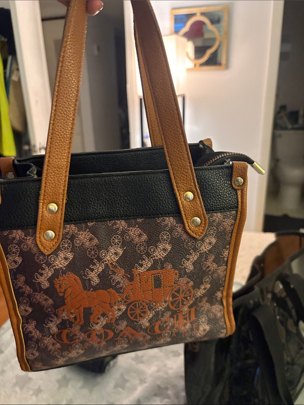 Brown Patterned Tote Bag with Tan Trim